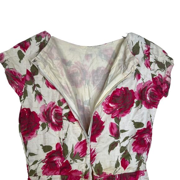 Vintage 60s Rose Floral Wiggle Dress Cap Sleeve Lined Back Zip Pink Green XS - Picture 4 of 6